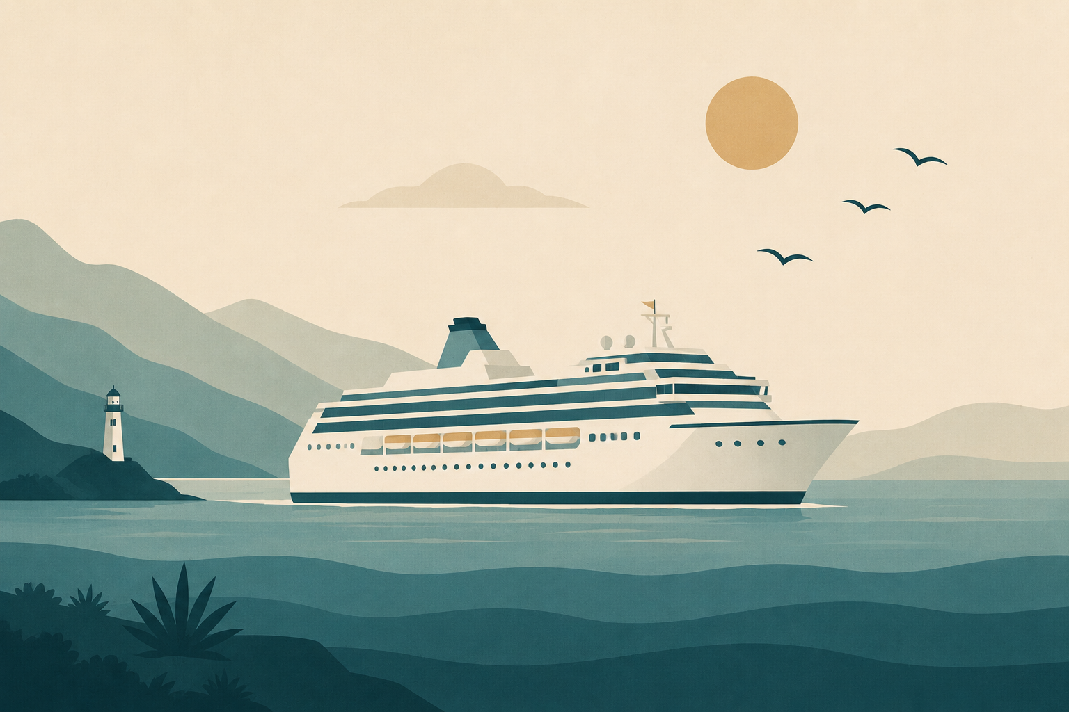 Kreuzfahrtschiff in einer ruhigen Küstenlandschaft
